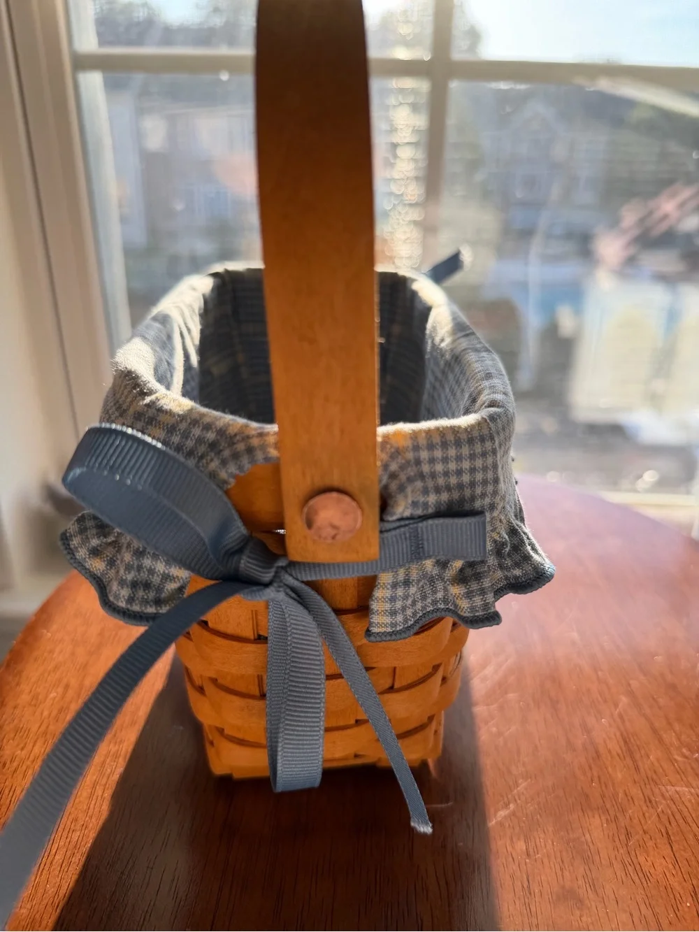 Longaberger Blue Plaid Lined Woven Basket with Ruffled Edge